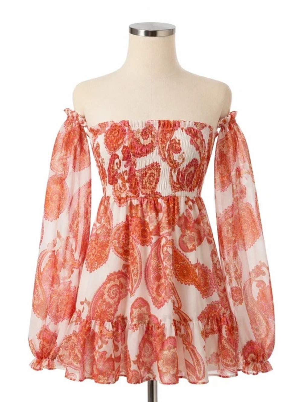 Express Paisley Off Shoulder Smocked Mini Dress Large Boho Long Sleeve Peasant